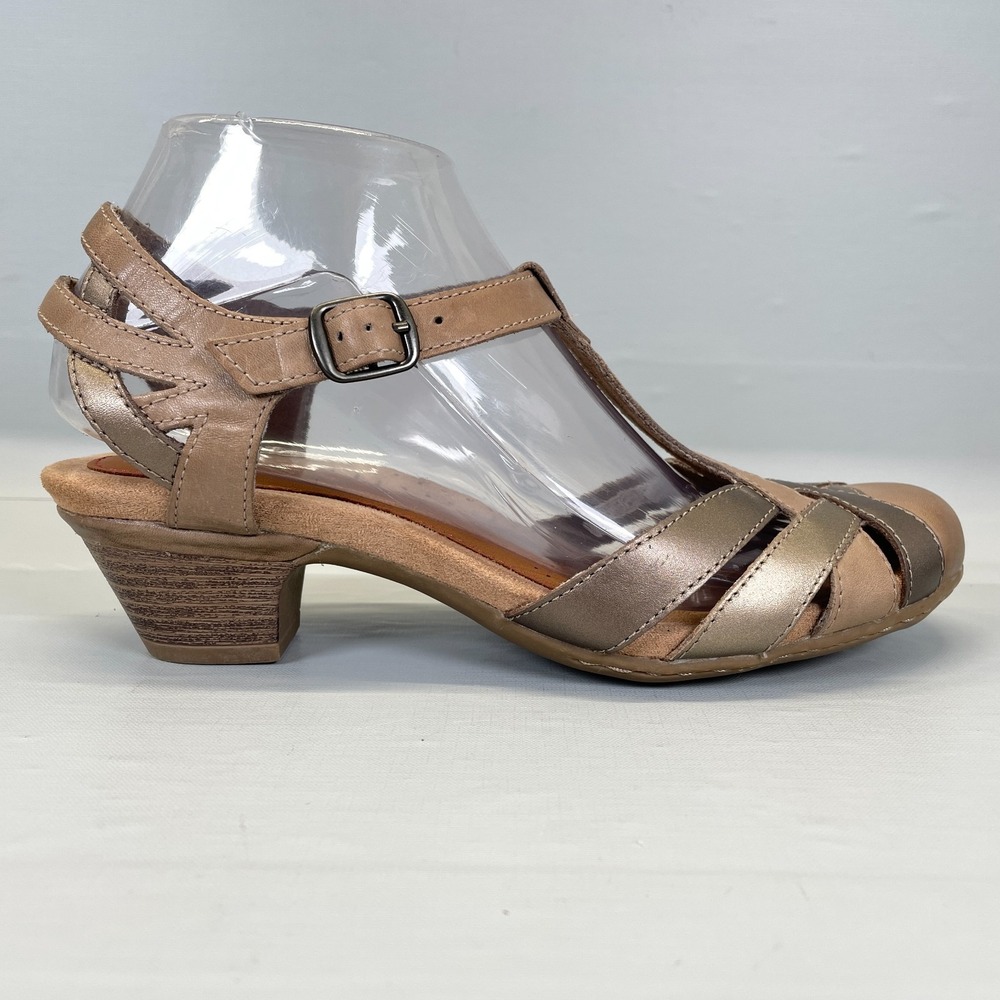 Cobb Hill Aubrey T-Strap Sandals Womens Size 8 M Taupe Metallic Buckle Shoes